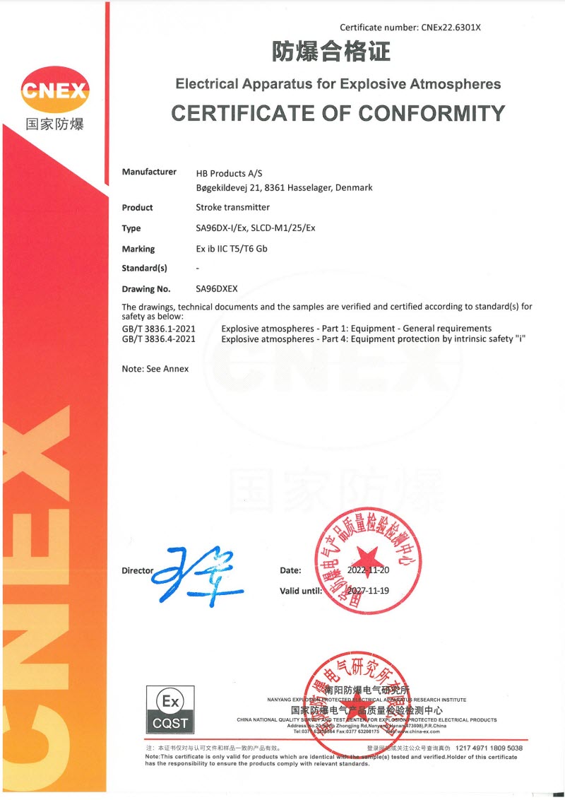 Certificate of Conformity - HB stroke transmitter
