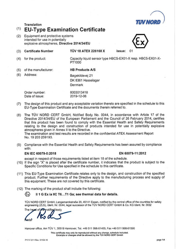 Capacitive Sensors & Switches ATEX Certificate Zone 0