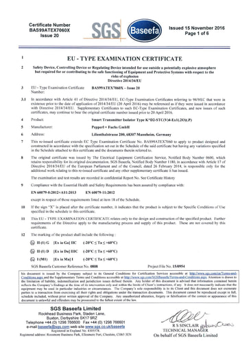 Barrier ATEX/Ex Certificate Supplement